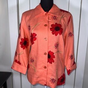 VINTAGE 100% Linen Floral Embroidered Women's Top - Peach and Red